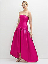 Side View Thumbnail - Think Pink Strapless Fitted Satin High Low Dress with Shirred Ballgown Skirt