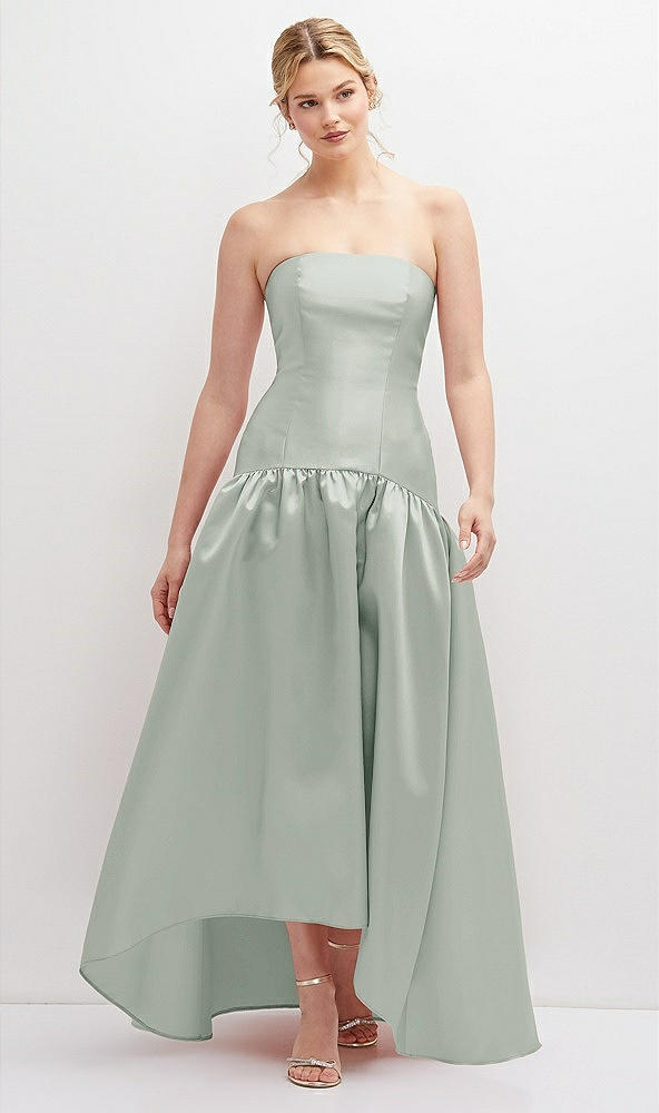 Front View - Willow Green Strapless Fitted Satin High Low Dress with Shirred Ballgown Skirt