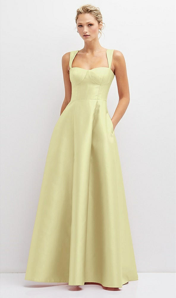 Front View - Butter Yellow Lace-Up Back Bustier Satin Dress with Full Skirt and Pockets