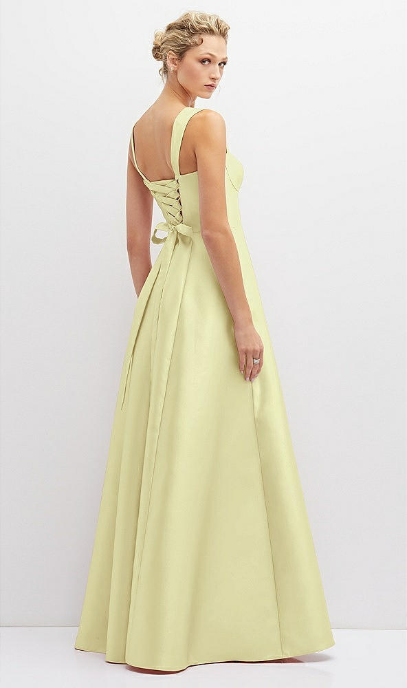 Back View - Butter Yellow Lace-Up Back Bustier Satin Dress with Full Skirt and Pockets