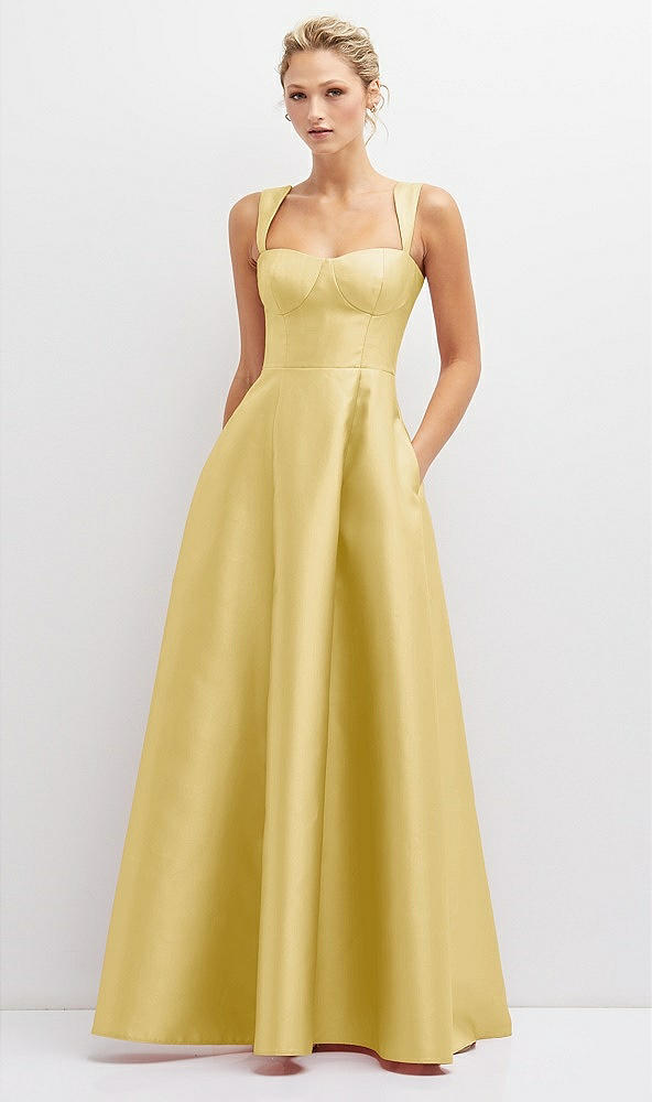 Front View - Maize Lace-Up Back Bustier Satin Dress with Full Skirt and Pockets