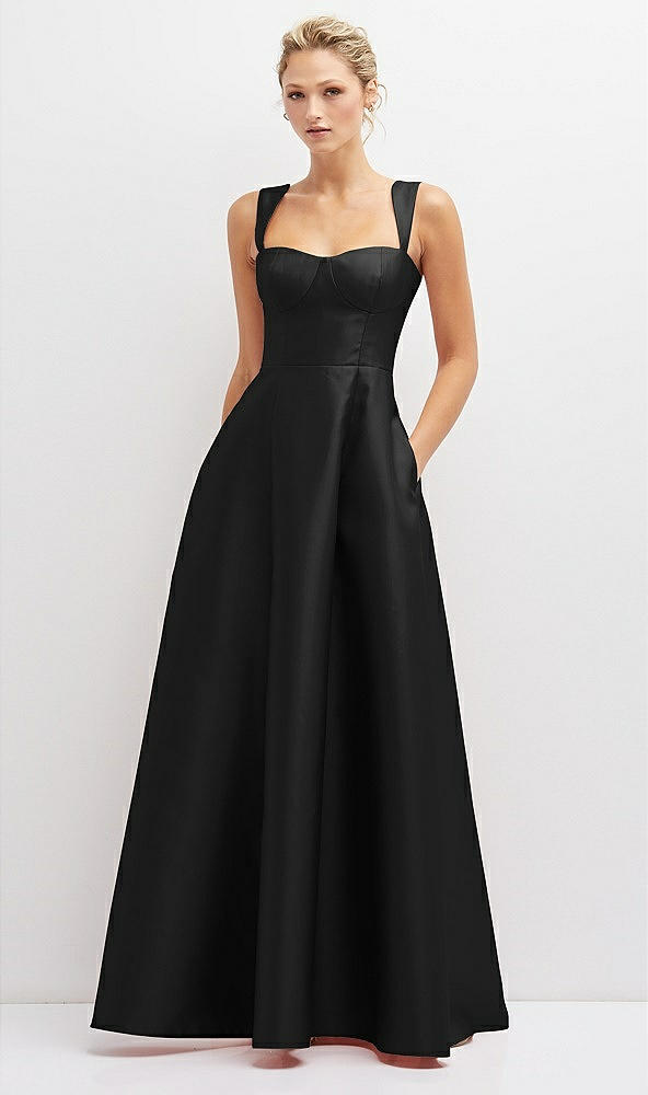 Front View - Black Lace-Up Back Bustier Satin Dress with Full Skirt and Pockets