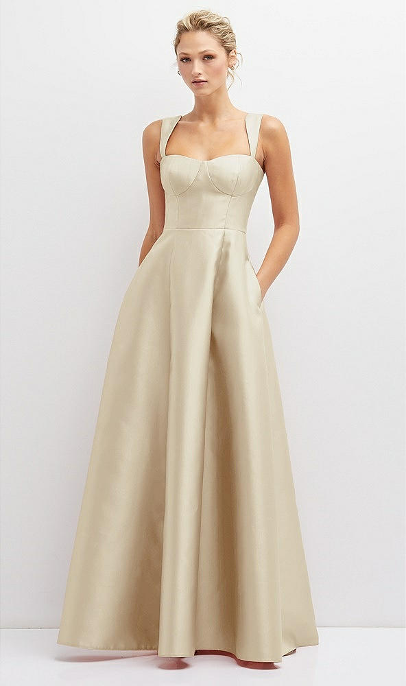 Front View - Champagne Lace-Up Back Bustier Satin Dress with Full Skirt and Pockets