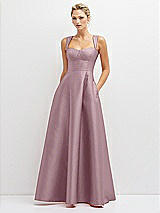 Front View Thumbnail - Dusty Rose Lace-Up Back Bustier Satin Dress with Full Skirt and Pockets