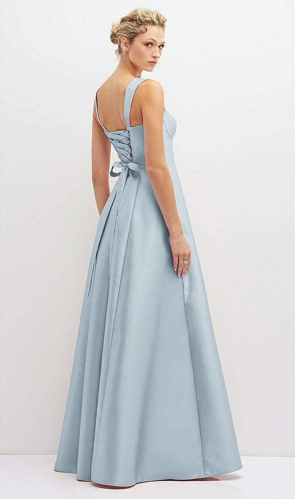 Back View - Mist Lace-Up Back Bustier Satin Dress with Full Skirt and Pockets