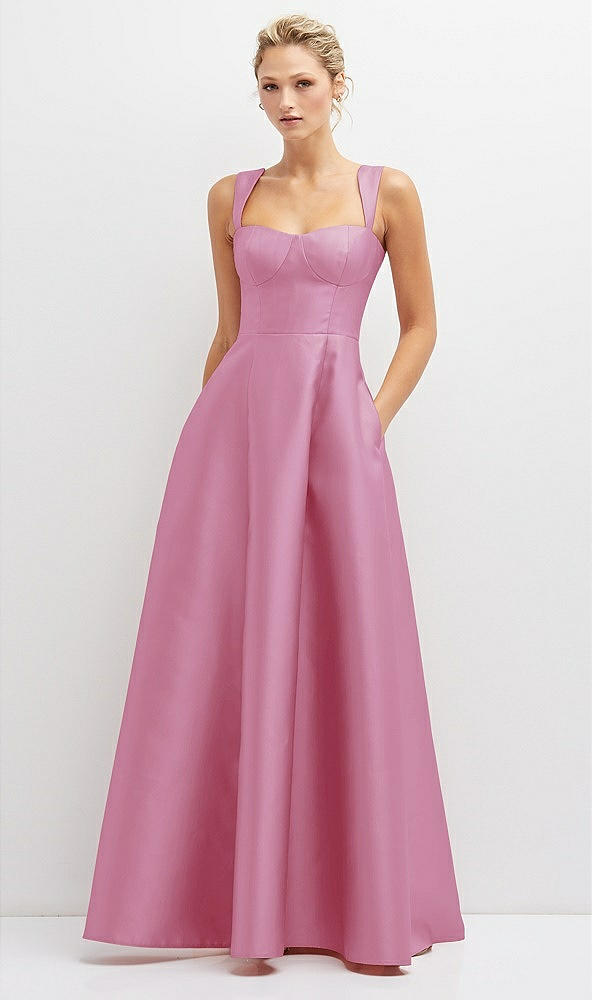 Front View - Powder Pink Lace-Up Back Bustier Satin Dress with Full Skirt and Pockets