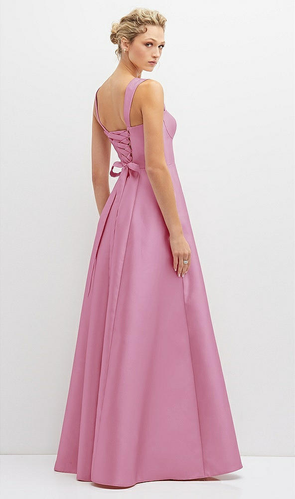 Back View - Powder Pink Lace-Up Back Bustier Satin Dress with Full Skirt and Pockets