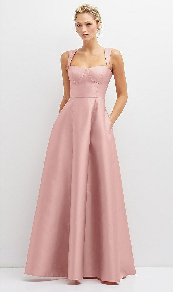 Front View - Rose - PANTONE Rose Quartz Lace-Up Back Bustier Satin Dress with Full Skirt and Pockets