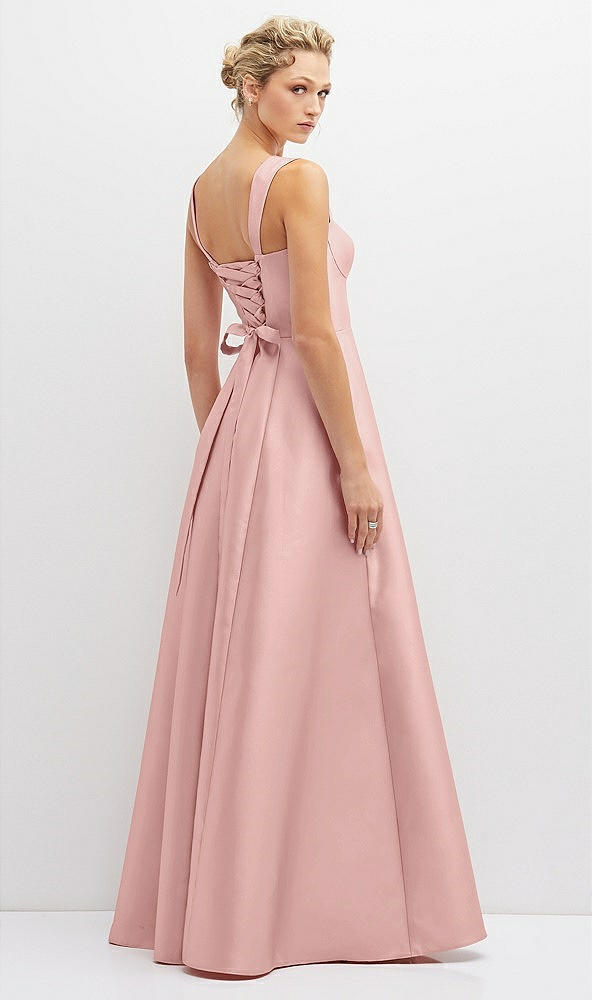 Back View - Rose - PANTONE Rose Quartz Lace-Up Back Bustier Satin Dress with Full Skirt and Pockets