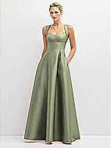 Front View Thumbnail - Sage Lace-Up Back Bustier Satin Dress with Full Skirt and Pockets