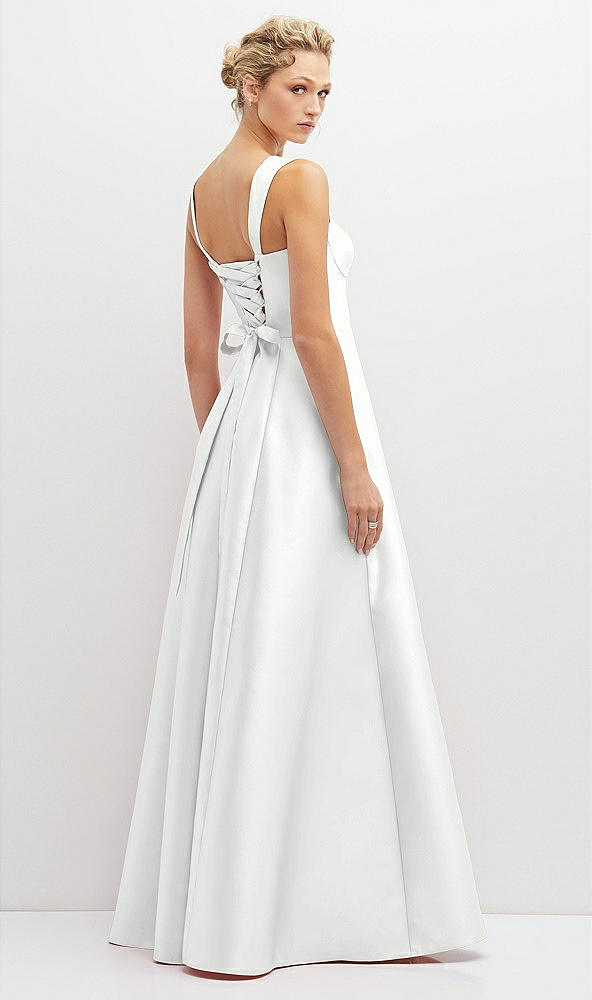 Back View - White Lace-Up Back Bustier Satin Dress with Full Skirt and Pockets