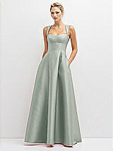 Front View Thumbnail - Willow Green Lace-Up Back Bustier Satin Dress with Full Skirt and Pockets