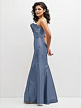 Side View Thumbnail - Larkspur Blue Strapless Satin Fit and Flare Dress with Crumb-Catcher Bodice