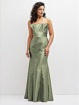 Front View Thumbnail - Sage Strapless Satin Fit and Flare Dress with Crumb-Catcher Bodice