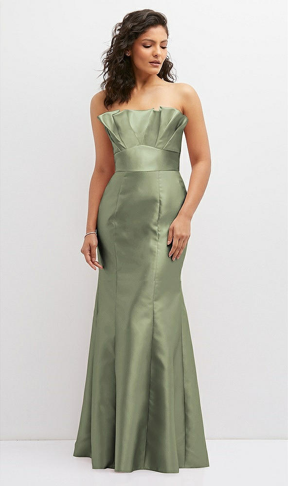 Front View - Sage Strapless Satin Fit and Flare Dress with Crumb-Catcher Bodice