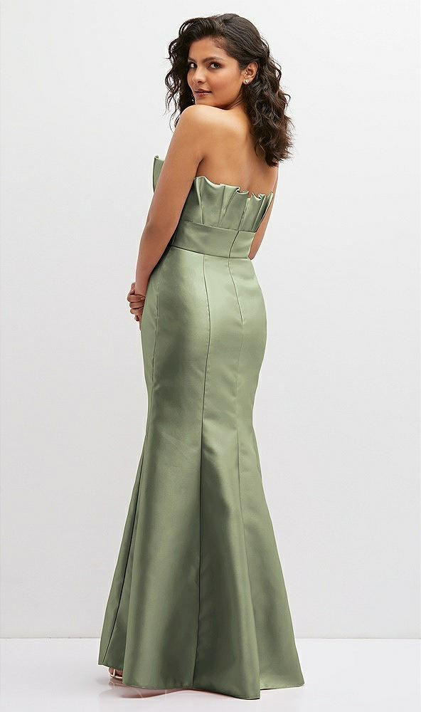 Back View - Sage Strapless Satin Fit and Flare Dress with Crumb-Catcher Bodice