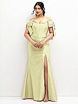 Front View Thumbnail - Butter Yellow Off-the-Shoulder Bow Satin Corset Dress with Fit and Flare Skirt