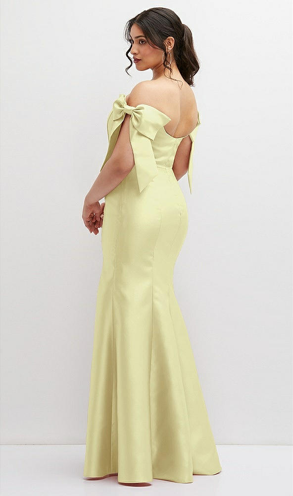 Back View - Butter Yellow Off-the-Shoulder Bow Satin Corset Dress with Fit and Flare Skirt