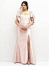 Front View Thumbnail - Blush Off-the-Shoulder Bow Satin Corset Dress with Fit and Flare Skirt