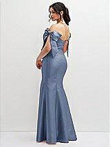 Rear View Thumbnail - Larkspur Blue Off-the-Shoulder Bow Satin Corset Dress with Fit and Flare Skirt