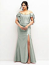 Front View Thumbnail - Willow Green Off-the-Shoulder Bow Satin Corset Dress with Fit and Flare Skirt