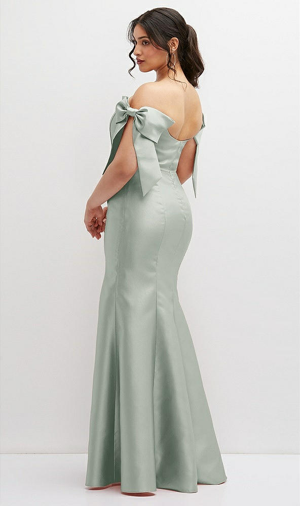 Back View - Willow Green Off-the-Shoulder Bow Satin Corset Dress with Fit and Flare Skirt