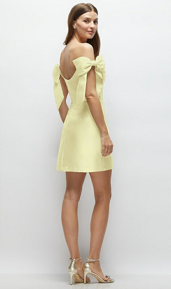 Back View - Butter Yellow Satin Off-the-Shoulder Bow Corset Fit and Flare Mini Dress