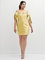 Alt View 2 Thumbnail - Maize Satin Off-the-Shoulder Bow Corset Fit and Flare Mini Dress