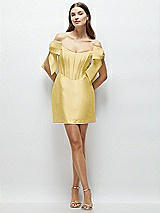 Front View Thumbnail - Maize Satin Off-the-Shoulder Bow Corset Fit and Flare Mini Dress