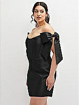 Alt View 1 Thumbnail - Black Satin Off-the-Shoulder Bow Corset Fit and Flare Mini Dress