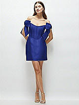 Front View Thumbnail - Cobalt Blue Satin Off-the-Shoulder Bow Corset Fit and Flare Mini Dress