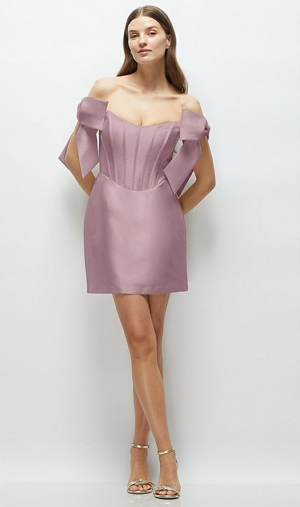 Front View - Dusty Rose Satin Off-the-Shoulder Bow Corset Fit and Flare Mini Dress