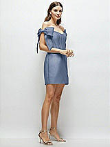 Side View Thumbnail - Larkspur Blue Satin Off-the-Shoulder Bow Corset Fit and Flare Mini Dress