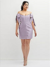 Alt View 2 Thumbnail - Lilac Haze Satin Off-the-Shoulder Bow Corset Fit and Flare Mini Dress