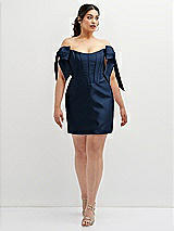 Alt View 2 Thumbnail - Midnight Navy Satin Off-the-Shoulder Bow Corset Fit and Flare Mini Dress