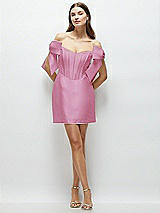 Front View Thumbnail - Powder Pink Satin Off-the-Shoulder Bow Corset Fit and Flare Mini Dress