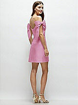 Rear View Thumbnail - Powder Pink Satin Off-the-Shoulder Bow Corset Fit and Flare Mini Dress