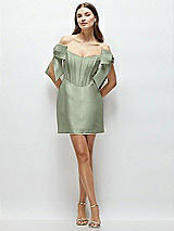 Front View Thumbnail - Sage Satin Off-the-Shoulder Bow Corset Fit and Flare Mini Dress