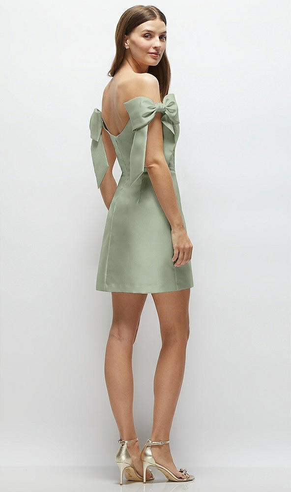 Back View - Sage Satin Off-the-Shoulder Bow Corset Fit and Flare Mini Dress