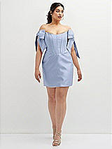 Alt View 2 Thumbnail - Sky Blue Satin Off-the-Shoulder Bow Corset Fit and Flare Mini Dress