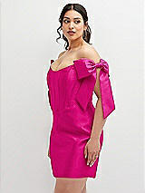 Alt View 1 Thumbnail - Think Pink Satin Off-the-Shoulder Bow Corset Fit and Flare Mini Dress