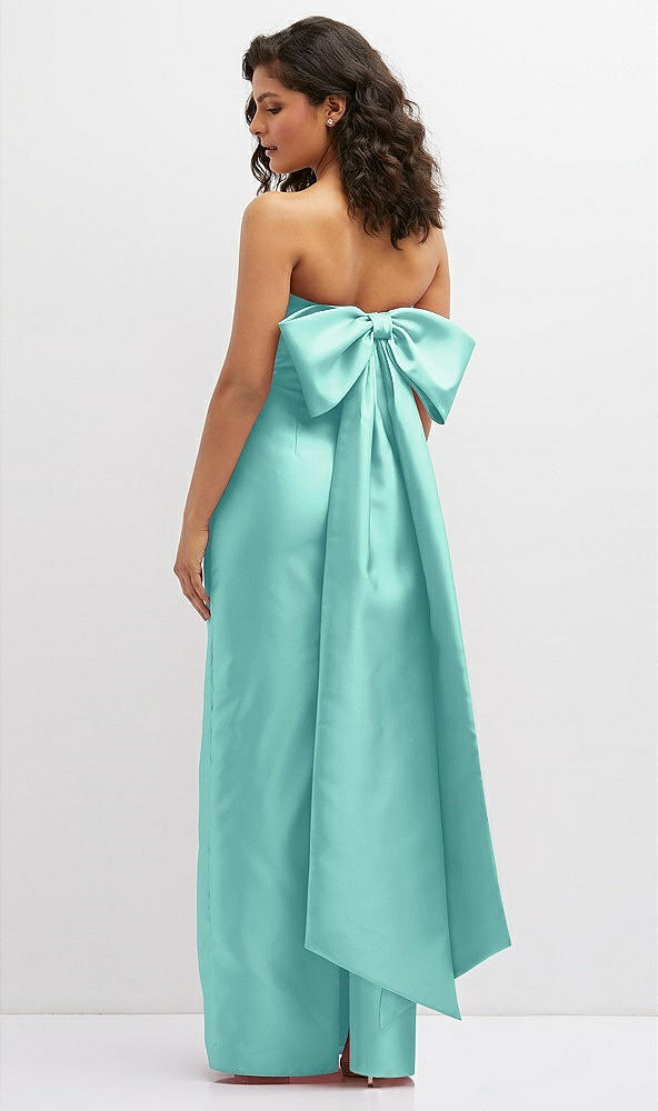 Back View - Coastal Strapless Draped Bodice Column Dress with Oversized Bow