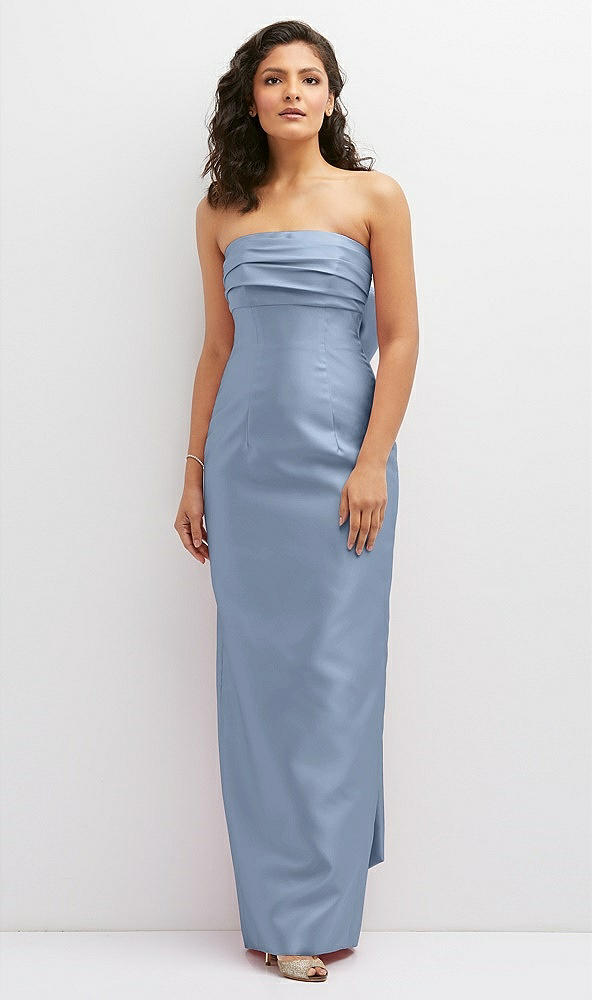 Front View - Cloudy Strapless Draped Bodice Column Dress with Oversized Bow