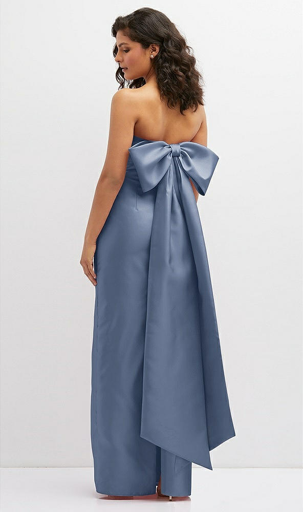 Back View - Larkspur Blue Strapless Draped Bodice Column Dress with Oversized Bow