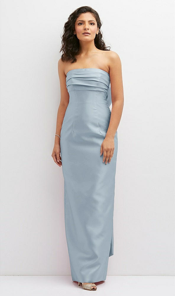 Front View - Mist Strapless Draped Bodice Column Dress with Oversized Bow