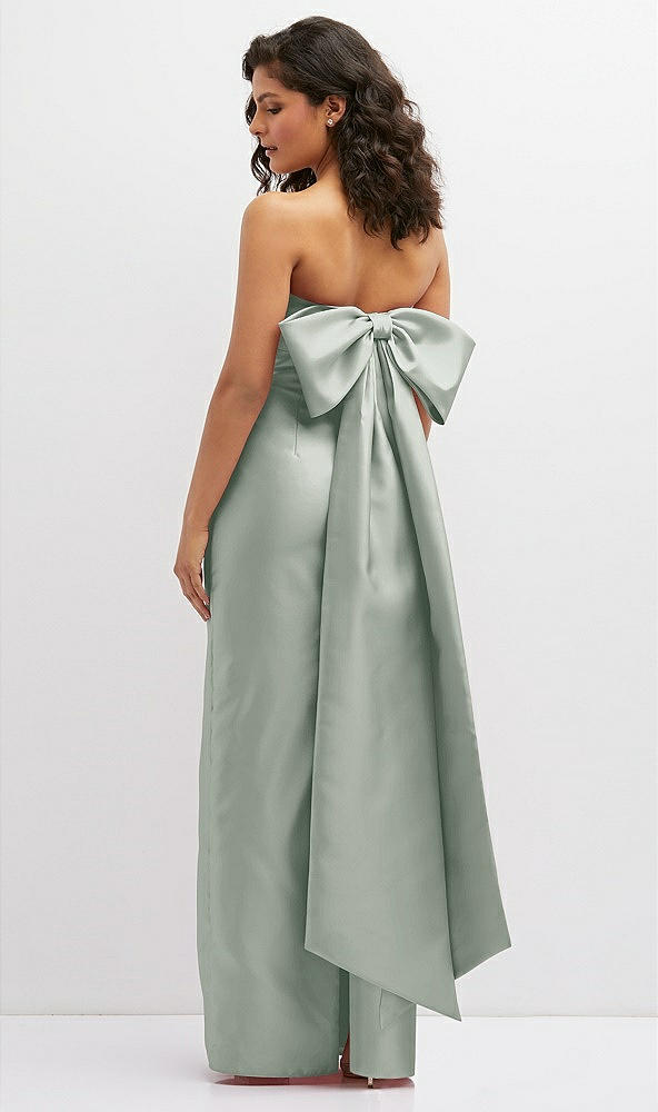 Back View - Willow Green Strapless Draped Bodice Column Dress with Oversized Bow