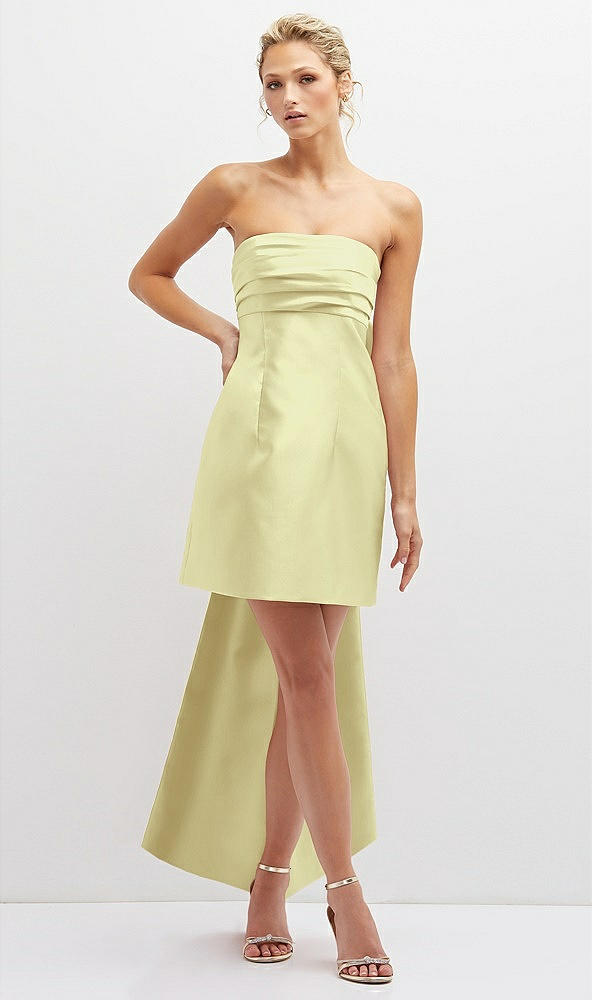 Front View - Butter Yellow Strapless Satin Column Mini Dress with Oversized Bow