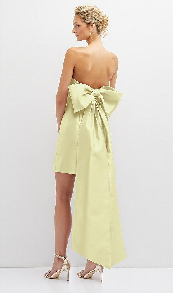 Back View - Butter Yellow Strapless Satin Column Mini Dress with Oversized Bow