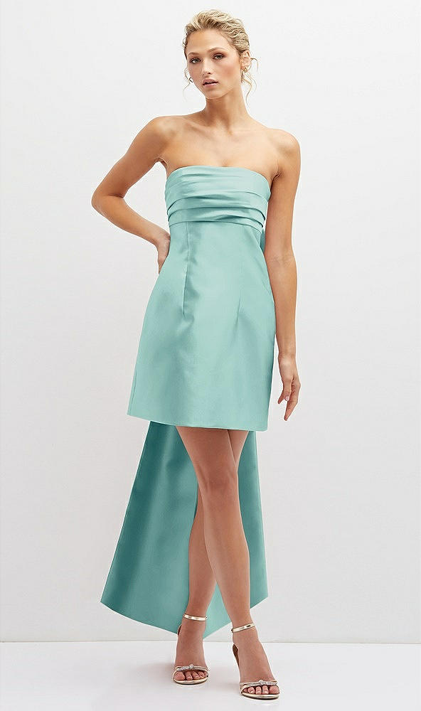 Front View - Coastal Strapless Satin Column Mini Dress with Oversized Bow