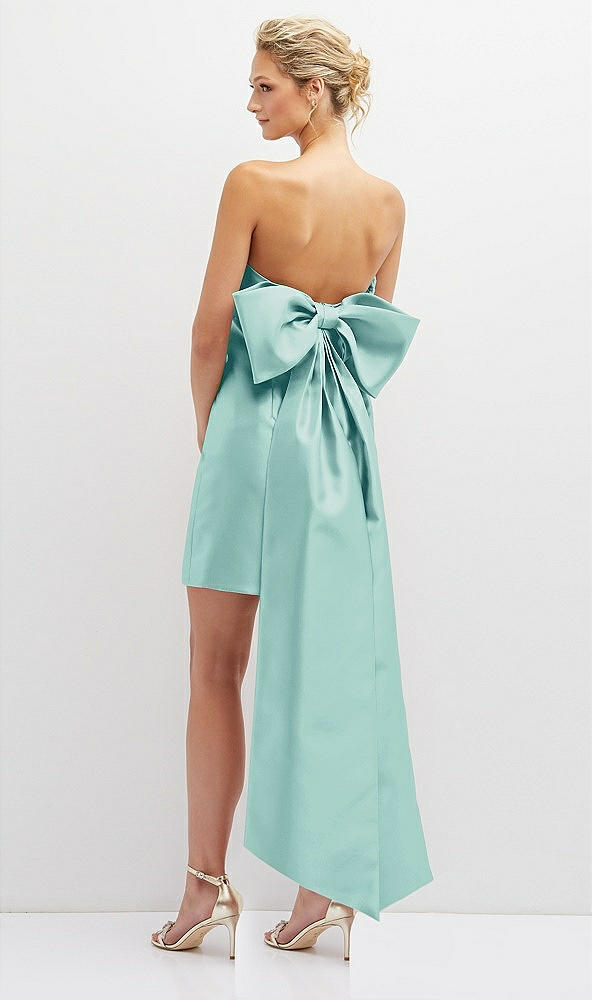 Back View - Coastal Strapless Satin Column Mini Dress with Oversized Bow